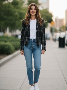 Vintage Black Windowpane Plaid Open Cropped Blazer